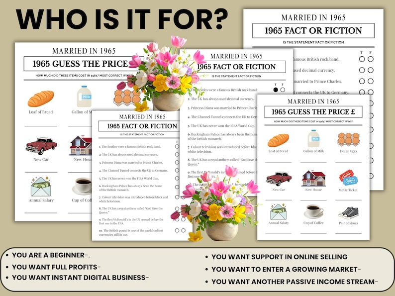 May include: A collection of printable game sheets with the text "Married in 1965" and trivia questions. The sheets include "Guess the Price" and "Fact or Fiction" games, with illustrations of items like a loaf of bread and a new car. A vase of flowers is also present.