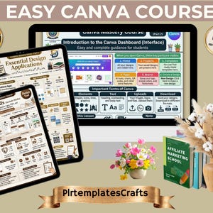 May include: A digital course bundle titled Easy Canva Course featuring educational infographics on tablets and a computer screen, accompanied by a vase of cotton stems and a small bouquet of colorful flowers, with the text PlrtemplatesCrafts.