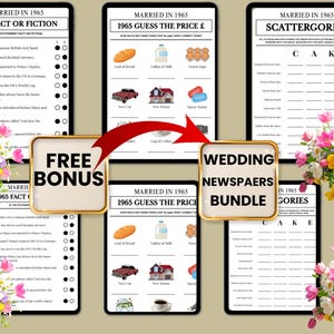 May include: A wedding newspaper bundle with three different game sheets: "1965 Fact or Fiction", "1965 Guess the Price", and "Scattergories". The bundle includes a "Free Bonus" and is decorated with floral arrangements.