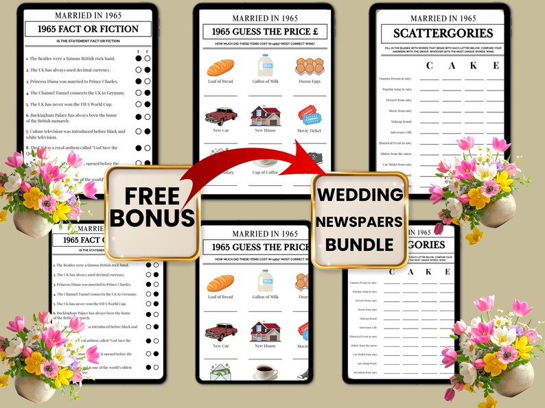 May include: A wedding newspaper bundle with three different game sheets: "1965 Fact or Fiction", "1965 Guess the Price", and "Scattergories". The bundle includes a "Free Bonus" and is decorated with floral arrangements.