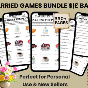 May include: A bundle of digital products displayed on smartphones. The screens show a game with questions about the year 1965, including prices and facts. The image also includes the text "350+ PAGES" and "Perfect for Personal Use & New Sellers."