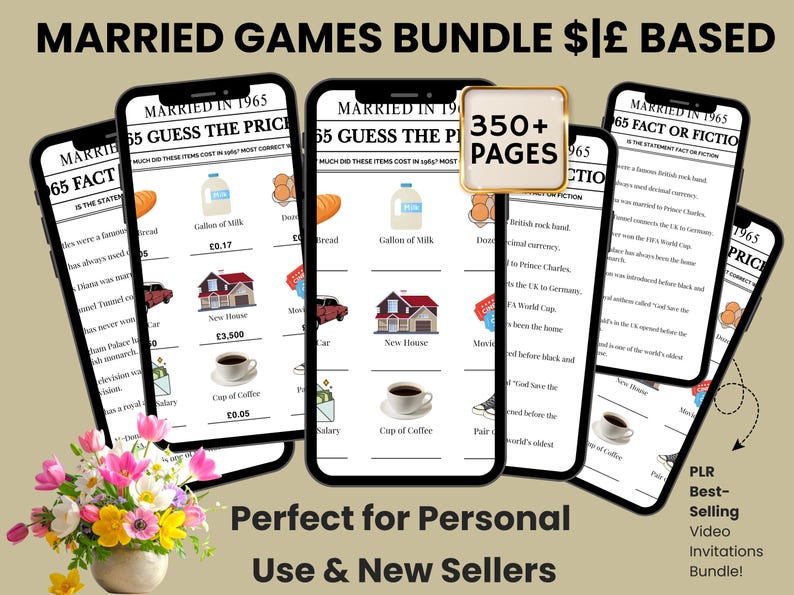 May include: A bundle of digital products displayed on smartphones. The screens show a game with questions about the year 1965, including prices and facts. The image also includes the text "350+ PAGES" and "Perfect for Personal Use & New Sellers."