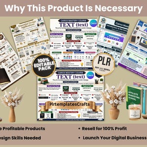 May include: A digital product bundle featuring Canva mastery course guides, educational infographics, and instructional text. Includes circular badges labeled 100% Editable Pack and PLR, alongside decorative elements like a desk lamp and dried flowers.