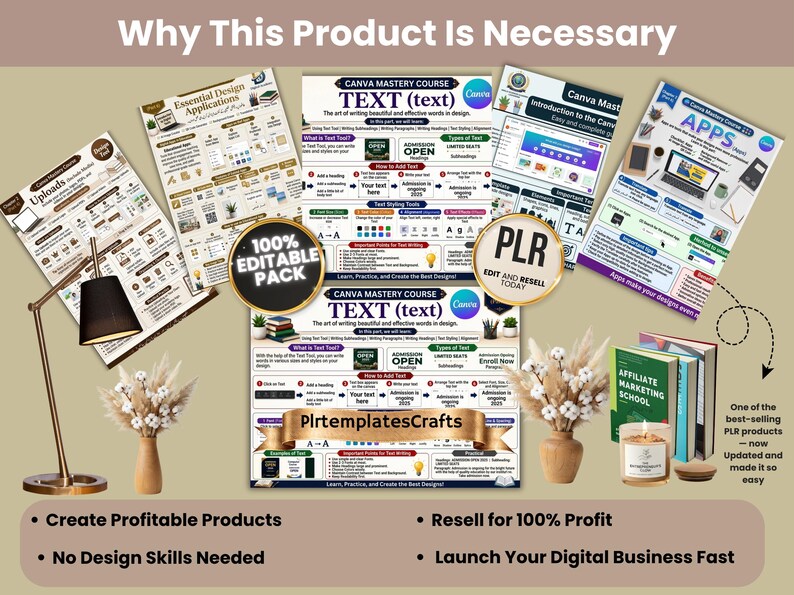 May include: A digital product bundle featuring Canva mastery course guides, educational infographics, and instructional text. Includes circular badges labeled 100% Editable Pack and PLR, alongside decorative elements like a desk lamp and dried flowers.