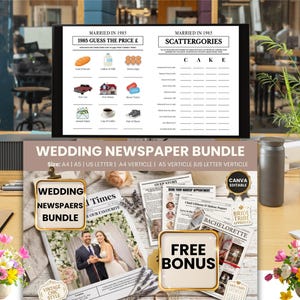 May include: A wedding newspaper bundle with a black digital display showing a game. The bundle includes a newspaper with a couple's photo, a free bonus sign, and other wedding-related materials. The text on the display reads "Married in 1985".