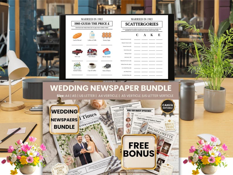 May include: A wedding newspaper bundle with a black digital display showing a game. The bundle includes a newspaper with a couple's photo, a free bonus sign, and other wedding-related materials. The text on the display reads "Married in 1985".