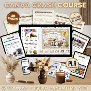 Puede incluir: Un paquete de curso digital de Canva con 39 páginas de guías, 7 tutoriales en vídeo y 53 páginas de un planificador de verano para niños. La muestra incluye un monitor de ordenador, tabletas, un smartphone, un jarrón con flores secas y una vela.
