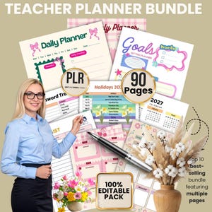 May include: A teacher planner bundle with a daily planner, goal setting planner, and calendar. The bundle includes 90 pages and is 100% editable. The image also includes a woman wearing glasses and a light blue shirt.