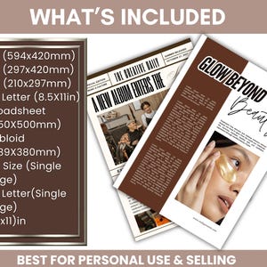 以下が含まれることがあります： A2 (594x420mm), A3 (297x420mm), A4 (210x297mm), US Letter (8.5x11in), Broadsheet (350x500mm), Tabloid (289x380mm), A4 Single Page、US Letter Single Page (17x11in)のサイズを含むデジタル印刷製品。 「WHAT'S INCLUDED」のテキストが入った雑誌スタイルの2ページが含まれています。