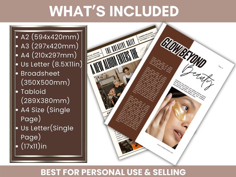 以下が含まれることがあります： A2 (594x420mm), A3 (297x420mm), A4 (210x297mm), US Letter (8.5x11in), Broadsheet (350x500mm), Tabloid (289x380mm), A4 Single Page、US Letter Single Page (17x11in)のサイズを含むデジタル印刷製品。 「WHAT'S INCLUDED」のテキストが入った雑誌スタイルの2ページが含まれています。