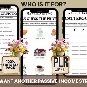 May include: Three smartphones displaying trivia games and a 'PLR' graphic. The games include 'Fact or Fiction', 'Guess the Price', and a category game. A banner at the bottom reads, 'You want another passive income stream'.