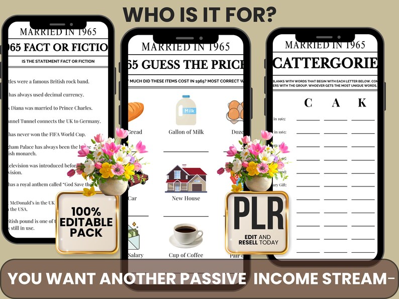 May include: Three smartphones displaying trivia games and a 'PLR' graphic. The games include 'Fact or Fiction', 'Guess the Price', and a category game. A banner at the bottom reads, 'You want another passive income stream'.
