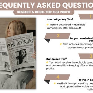 以下が含まれることがあります： 「NOW BOOKING」の見出しと「FREQUENTLY ASKED QUESTIONS」のテキストが書かれた新聞を持つ人。 新聞には白黒写真が掲載されています。 テキストには、即時ダウンロード、サポート、再販に関する情報が含まれています。