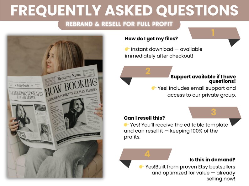 以下が含まれることがあります： 「NOW BOOKING」の見出しと「FREQUENTLY ASKED QUESTIONS」のテキストが書かれた新聞を持つ人。 新聞には白黒写真が掲載されています。 テキストには、即時ダウンロード、サポート、再販に関する情報が含まれています。