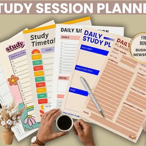 May include: A collection of Study Session Planner pages featuring various layouts, including a Daily Study Plan, Study Timetable, and Daily Planner. The sheets contain headers, checklists, and sections for goals, notes, and schedules, with colourful floral and sun graphics.