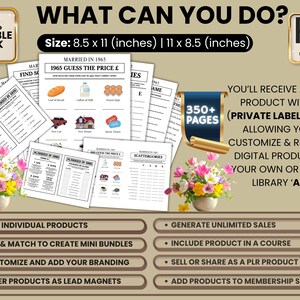 May include: A digital product pack with PLR (Private Label Rights) is displayed, featuring pages with the text "Married in 1965" and "Guess the Price". The pack includes over 350 pages, with dimensions of 8.5 x 11 inches and 11 x 8.5 inches. The image also shows flowers.