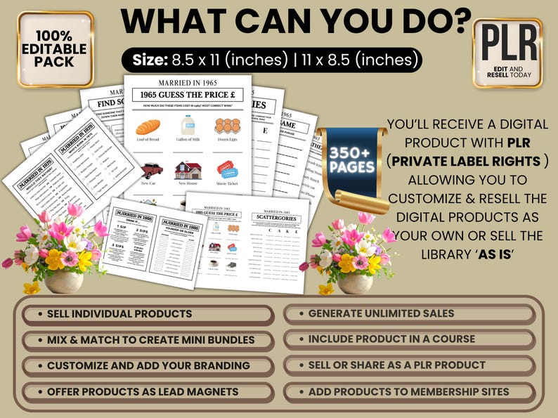 May include: A digital product pack with PLR (Private Label Rights) is displayed, featuring pages with the text "Married in 1965" and "Guess the Price". The pack includes over 350 pages, with dimensions of 8.5 x 11 inches and 11 x 8.5 inches. The image also shows flowers.