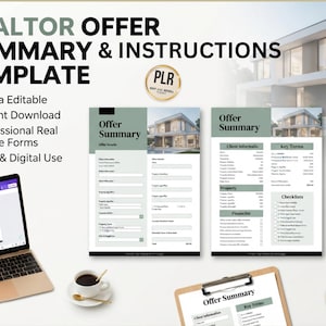 May include: A digital realtor offer summary and instructions template featuring two document layouts with sage green accents, text fields for client information, property details, and financial terms, displayed on a laptop screen and printed pages.