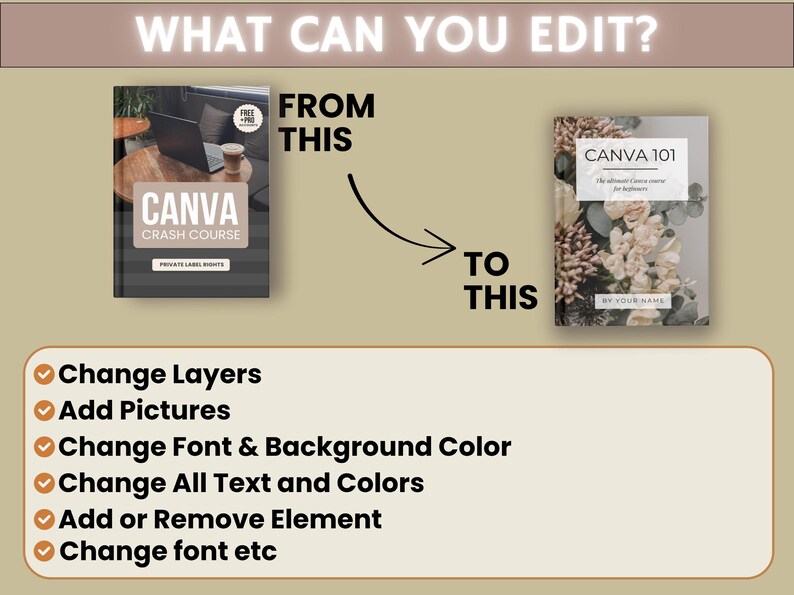 May include: A digital graphic showing two book covers labeled CANVA CRASH COURSE and CANVA 101, with an arrow pointing between them. Below, a list of editable features includes Change Layers, Add Pictures, Change Font & Background Color, and more.