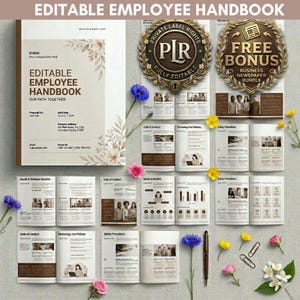 May include: An open employee handbook with the title "Editable Employee Handbook" and the text "Our Path Together." The handbook is surrounded by flowers and other business-related documents. The image also includes the text "Private Label Rights" and "Free Bonus."