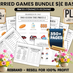 May include: A bundle of printable "Married Games" with multiple pages, including "Guess the Price" and trivia games. The bundle includes a "100% Editable Pack" and "PLR" options. The size is 8.5 x 11 inches.