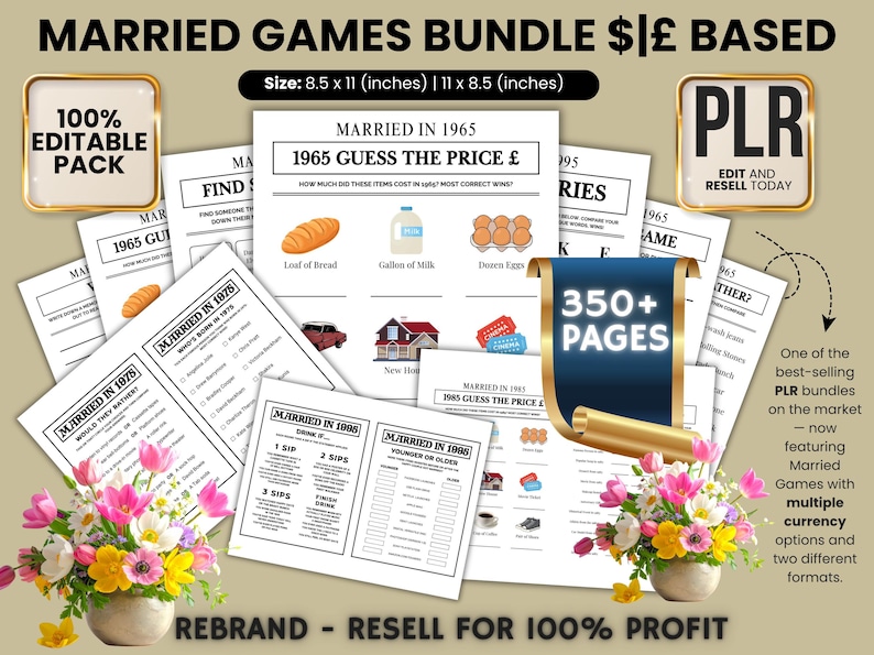 May include: A bundle of printable "Married Games" with multiple pages, including "Guess the Price" and trivia games. The bundle includes a "100% Editable Pack" and "PLR" options. The size is 8.5 x 11 inches.