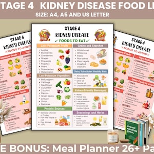 May include: A digital information sheet titled Stage 4 Kidney Disease Foods to Eat, featuring categorized lists of fruits, vegetables, grains, proteins, and beverages with colorful illustrations. The document is available in A4, A5, and US Letter sizes.
