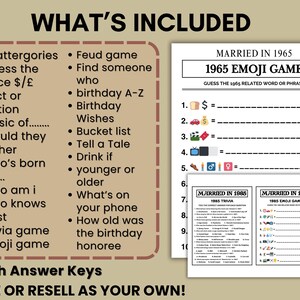 May include: A printable game set with a tan background, featuring a list of game ideas and trivia questions. The set includes a 1965 emoji game and trivia, with answer keys. The text "What's Included" is at the top.