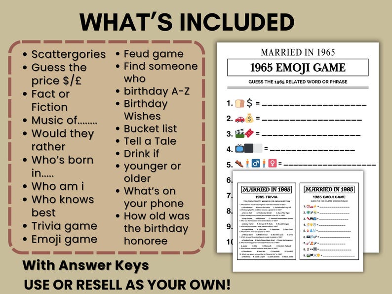 May include: A printable game set with a tan background, featuring a list of game ideas and trivia questions. The set includes a 1965 emoji game and trivia, with answer keys. The text "What's Included" is at the top.