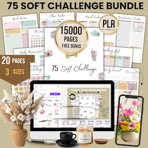 May include: A digital product bundle titled "75 Soft Challenge Bundle" with various printable templates, including a book review, sleep tracker, and mood tracker. The bundle includes 15,000 pages and is available in 3 sizes.