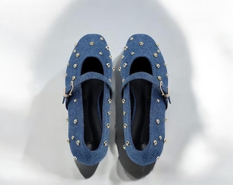 Bailarinas vaqueras para mujer, zapatos Mary Jane con tachuelas, bailarinas estilo Y2K, zapatos vaqueros azules de moda, calzado casual y bonito.