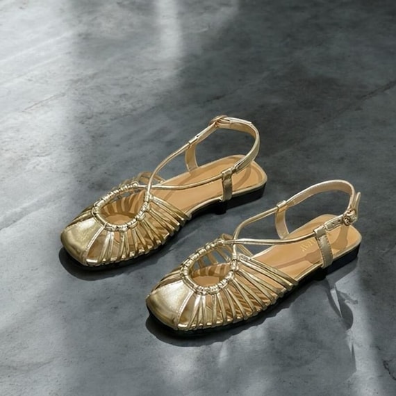 gold flat dress sandals Women's Sandals, Gladiator Cage Sandals, Square Toe Slingback Shoes, Summer Strappy Flats for Women Sleeve Type:3-4 SLEEVE
