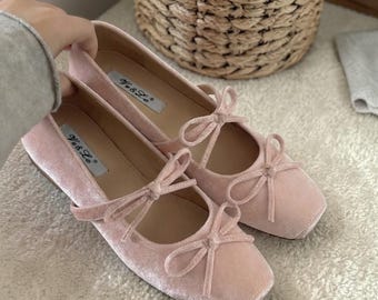 Pink Velvet Ballet Flats Women Square Toe Bow Flats Soft Comfortable Slip On Shoes Elegant Minimalist Ballerina Flats