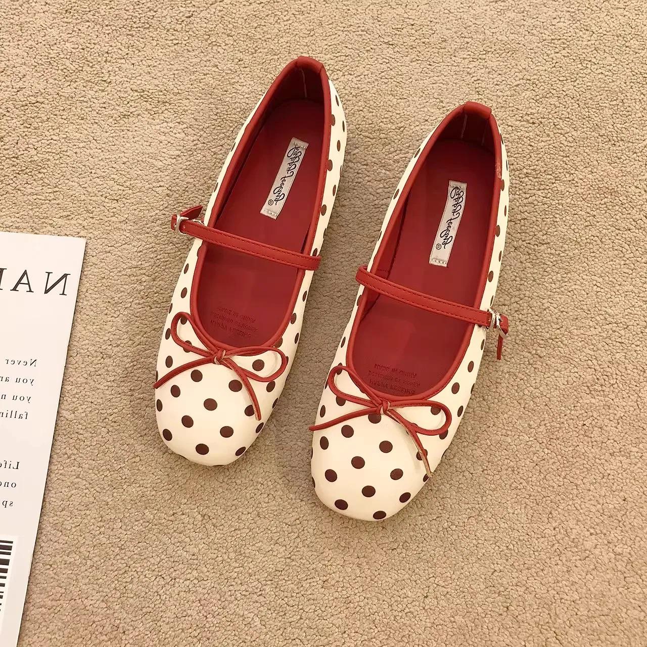 Polka Dot Mary Jane Flats Women Red Strap Ballet Flats Cute Bow Shoes ...