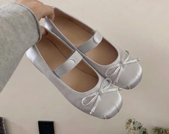 Silver Mary Jane Ballet Flats Women Satin Bow Shoes Square Toe Elegant Flats Wedding Shoes Comfortable Dress Ballerina