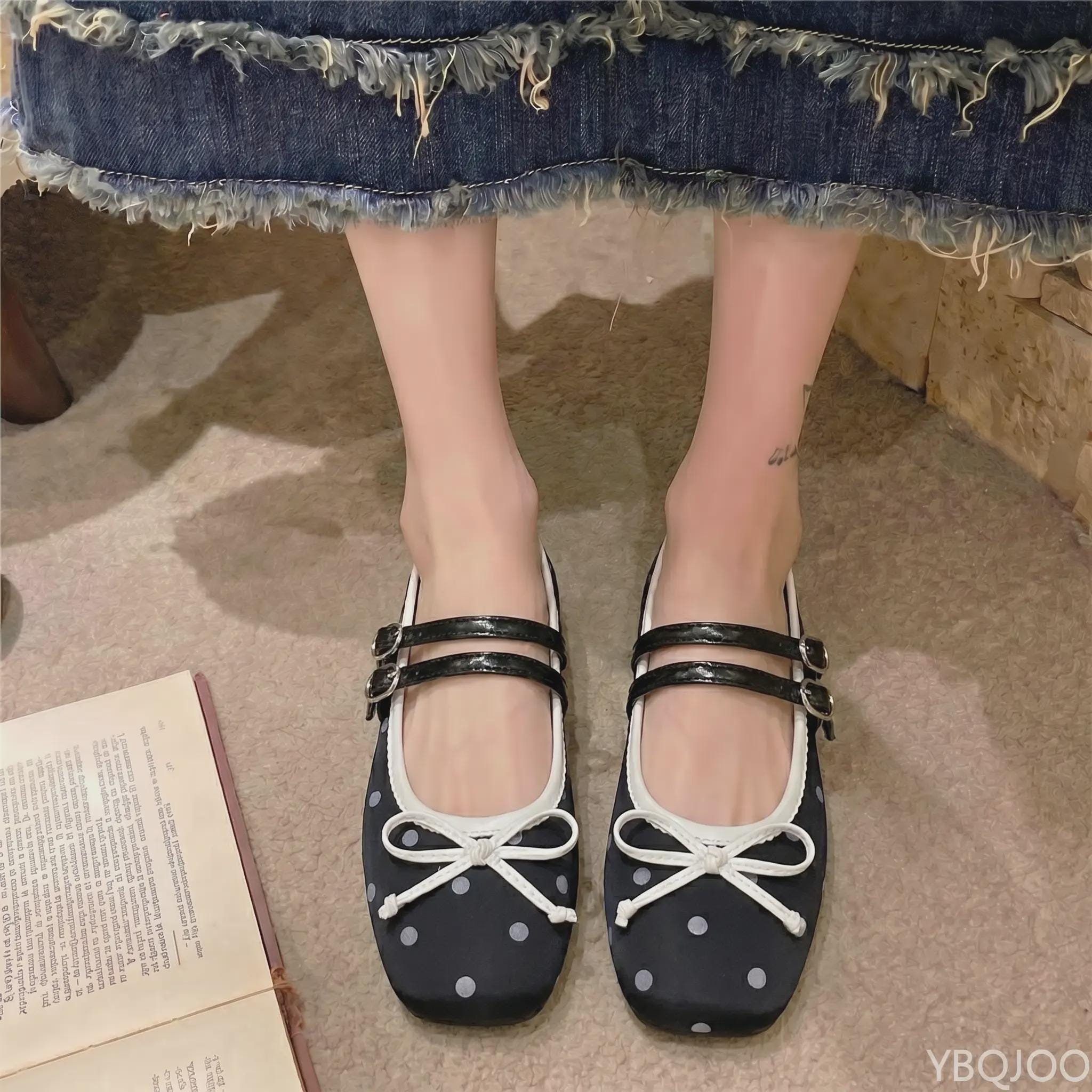 Black Polka Dot Ballet Flats Women Bow Strap Mary Jane Flats Cute ...