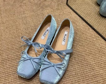 Blue Velvet Mary Jane Ballet Flats with Bow