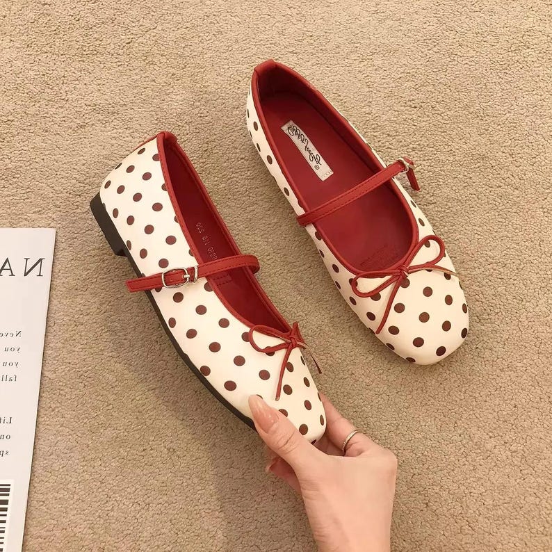 Polka Dot Mary Jane Flats Women Red Strap Ballet Flats Cute Bow Shoes ...