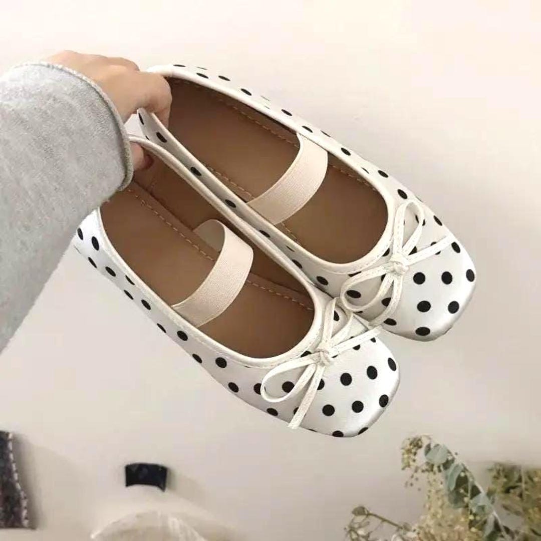 White Polka Dot Mary Jane Flats Women Bow Ballet Flats Retro Cute Shoes ...