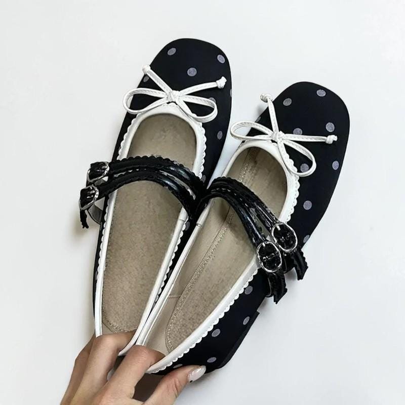 Black Polka Dot Ballet Flats Women Bow Strap Mary Jane Flats Cute ...