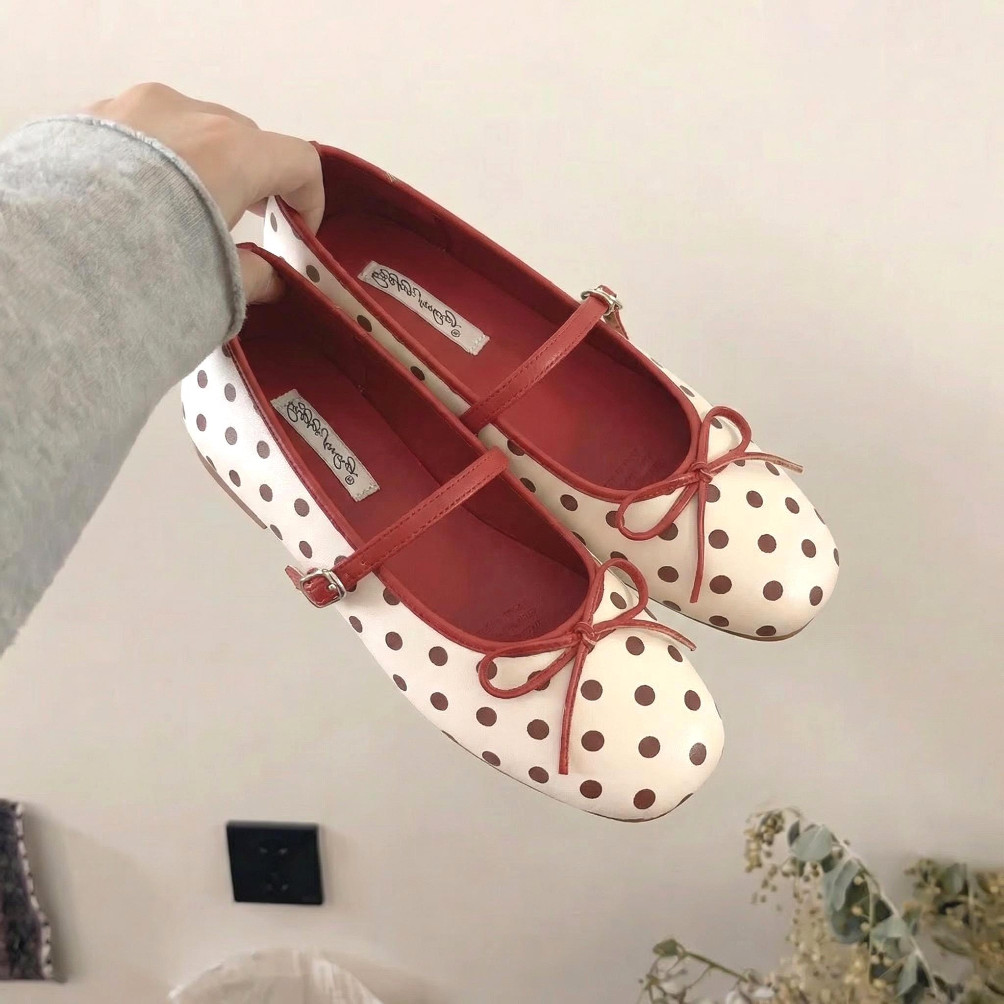 Polka Dot Mary Jane Flats Women Red Strap Ballet Flats Cute Bow Shoes ...