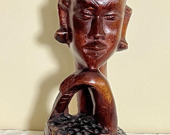 Vintage African Wood Carving Hand Carved Heavy Hardwood Thinking Man Bust Mid Century Tribal Art Sculpture Eclectic Boho Home Decor
