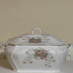 Può includere: Piatto da portata coperto in porcellana bianca con motivo floreale. Il piatto ha un coperchio con manico e manici laterali. Il motivo floreale comprende fiori rosa, gialli e blu con foglie verdi. Il piatto ha una forma rettangolare.