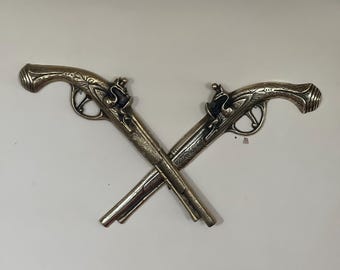 Pair of Large 35cm Vintage 1960s Brass Flintlock Pistols Ornate Mid Century Wall Decor Replica Duelling Pistols Man Cave Art Militaria Gift