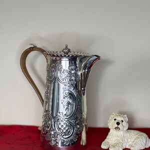 Antique Silver Plated Pitcher, Ornate Floral Repoussé Water Jug, Woven Handle
