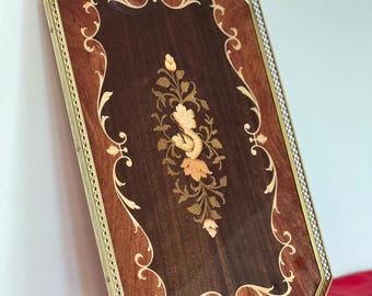 Vintage 1960s Italian Sorrento Wood Inlay Serving Tray Brass Handles Mid Century Decor Chinoiserie Regency Luxe Hosting Cottagecore Styling