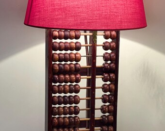 Vintage Rosewood Abacus Table Lamp Mid Century Chinese Statement Light Red Shade Chinoiserie Decor Asian Art Maximalist Home Shelf Styling