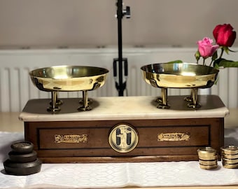 Antique S Maw and Sons Chemists Scale Ornate Brass Marble Mahogany Apothecary Scale 1920s London Pharmacy Counter Balance Vintage Medical Gi