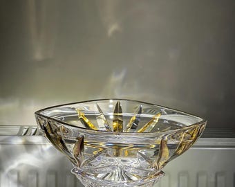 Bol sur pied en cristal taillé vintage, plat de service en étoile garnie d'or, verrerie Hollywood Regency, vaisselle de luxe, pièce maîtresse de l'art déco