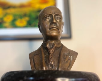Antique Italian Bronze Bust Benito Mussolini Portrait Sculpture 1930 Marble Base 20th Century WW2 Militaria Italian Art Collectible Rarity